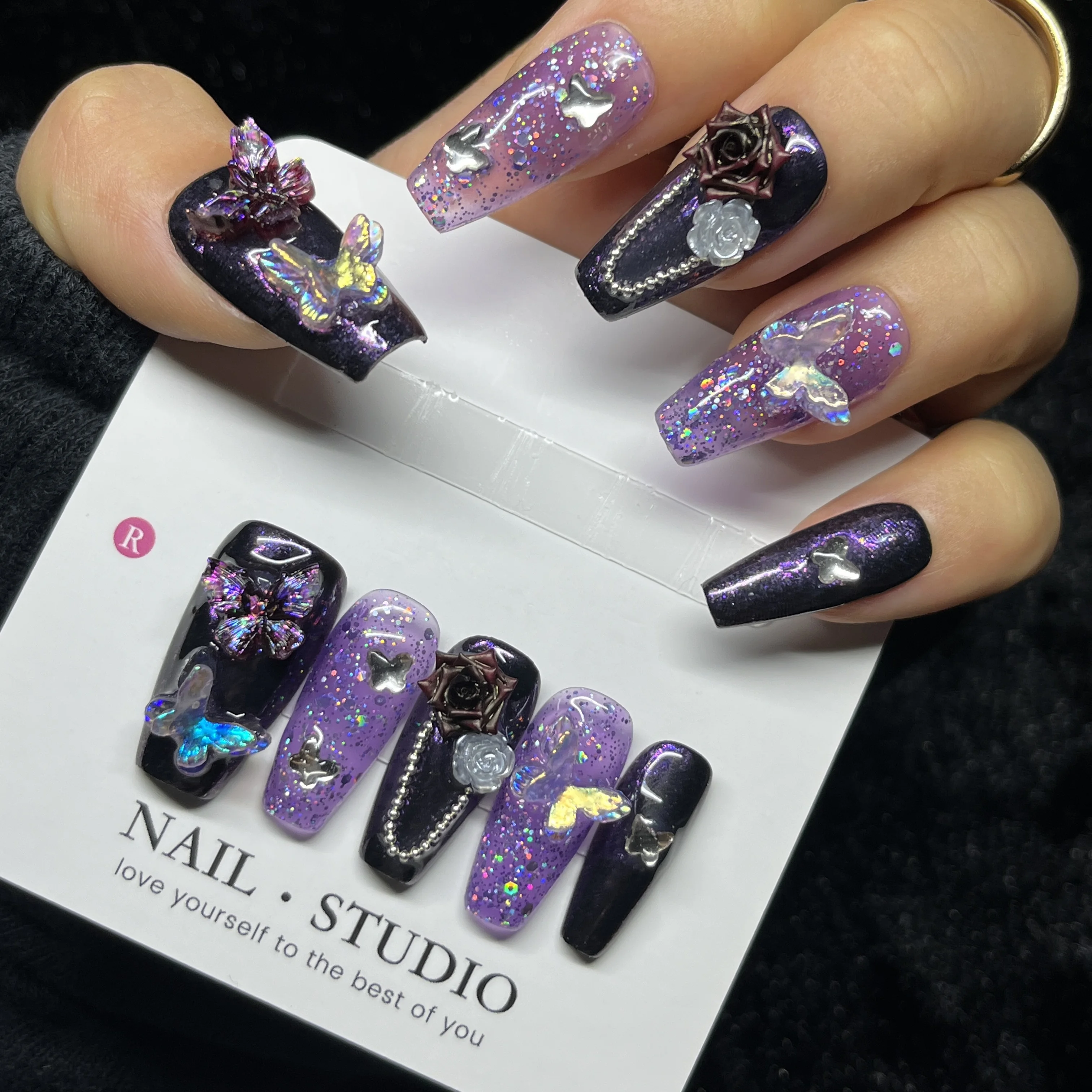 

10PCS Gothic Press on Nails Long Coffin Purple Black Style with 3D Butterfly Rose Charms Romantic False Nails Handmade for Women