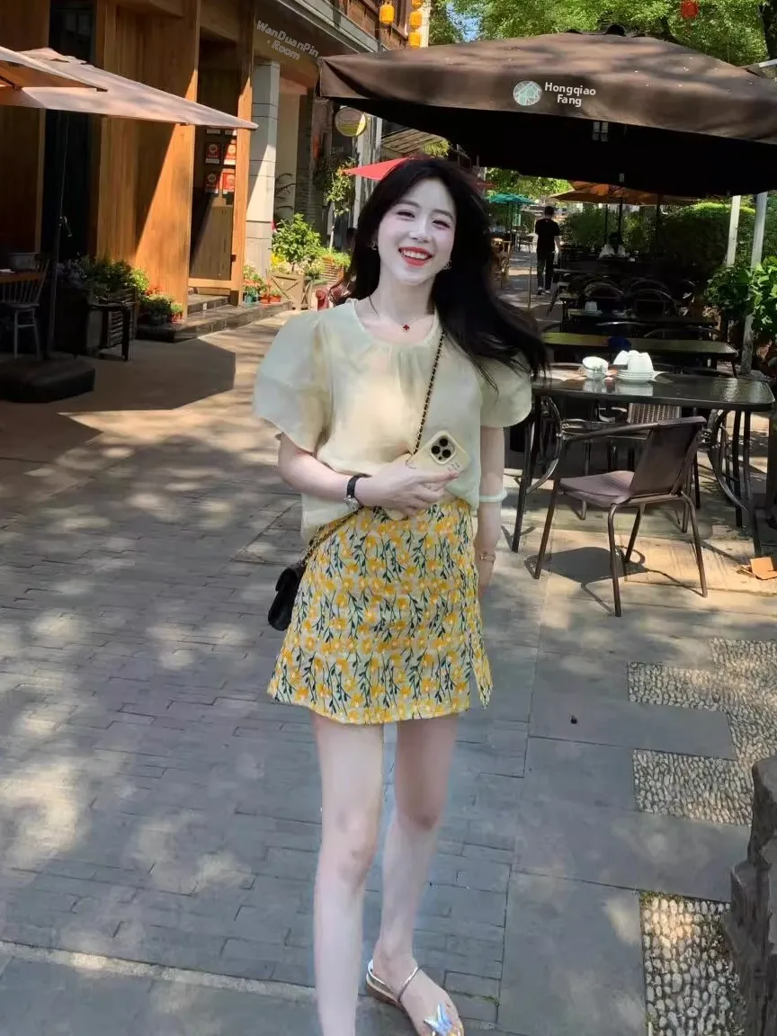 

Summer Faion plus Size Women's Floral Print Chiffon Top And f Skirt Set Korean Sle Beautiful High End Ensemble for Ladies