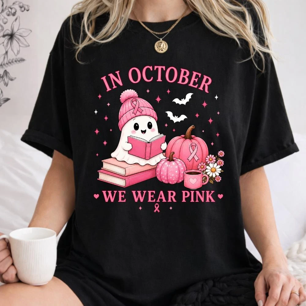 Pink Ghost Halloween Breast Cancer Awareness October Wear Graphic T Shirts Woman Man Summer Cotton O-neck Short-sleev