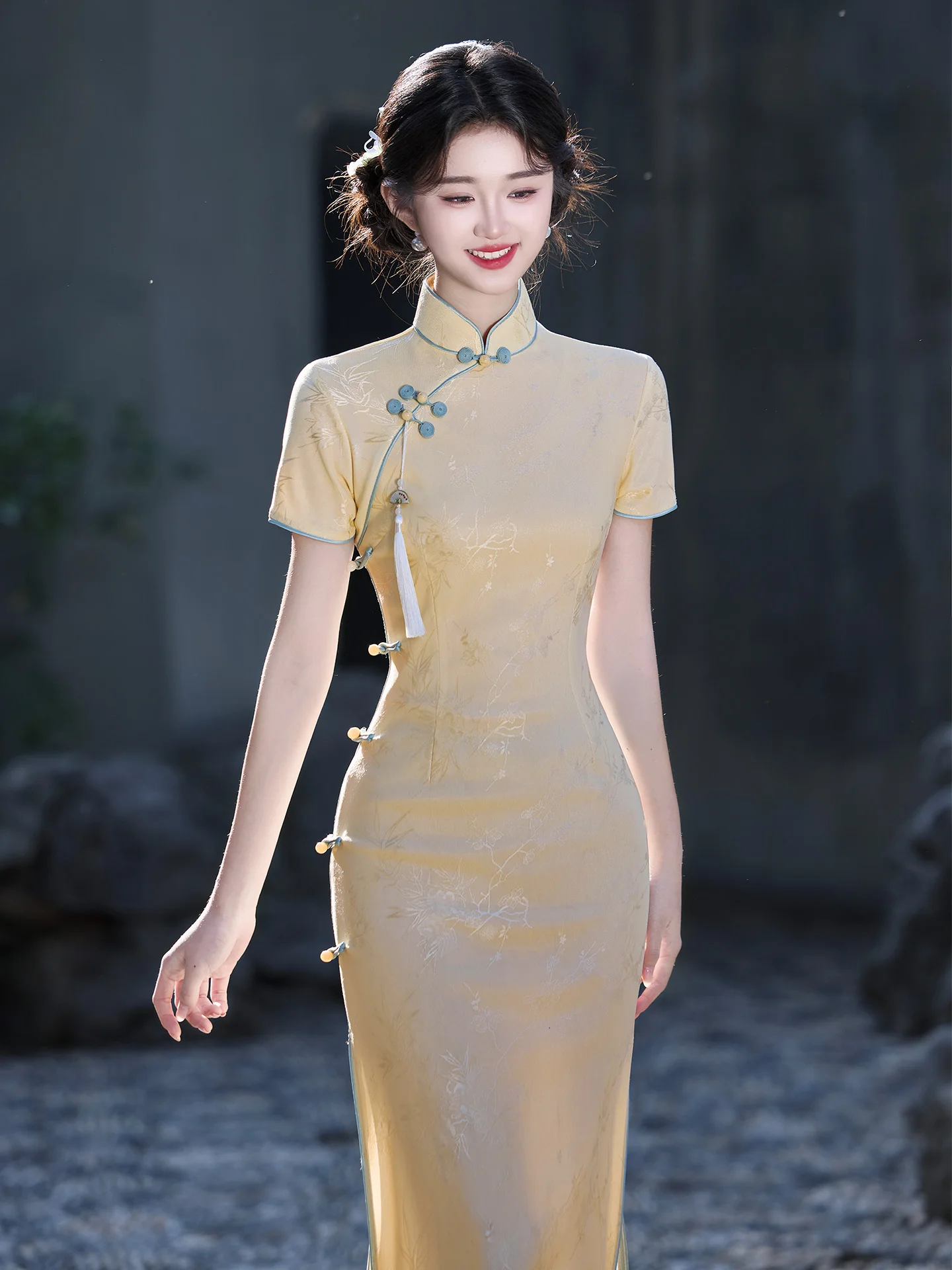 

Желтое женское платье Dr Daily Wear улучшенной версии, с цветочной вышивкой, длинными рукавами, полной длины, подходит для помолвки