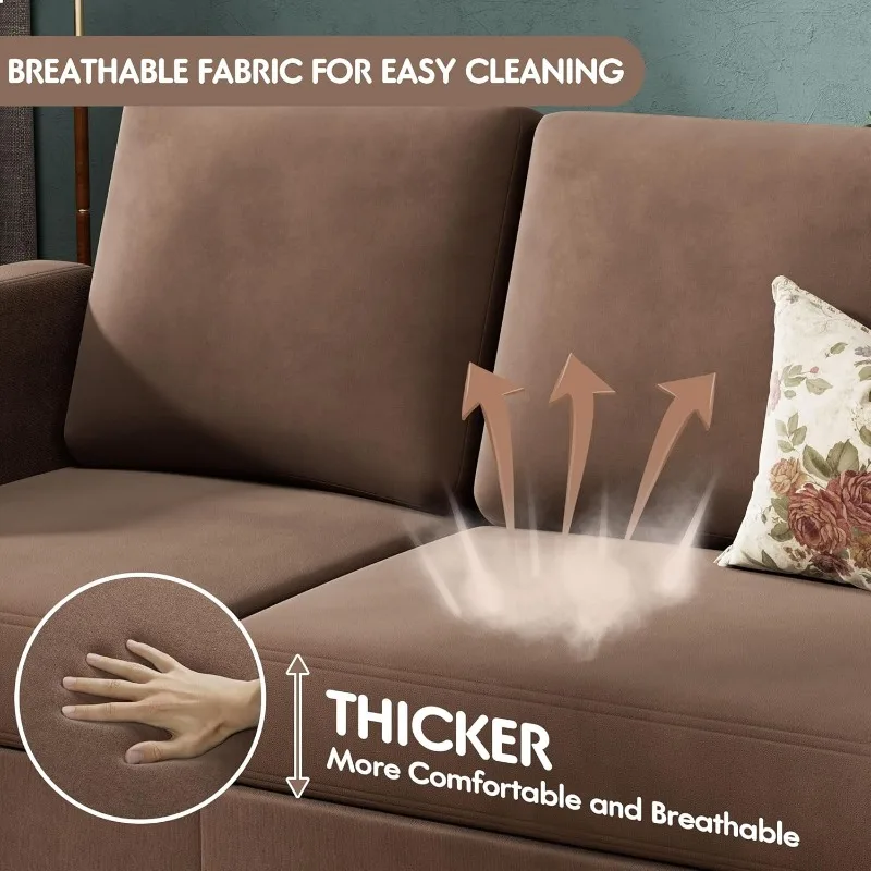 コンバーチブルセクショナルソファカウチ、リネン生地のオットマン付き3人掛けL字型ソファ、小さなアパート向けの小さなソファ