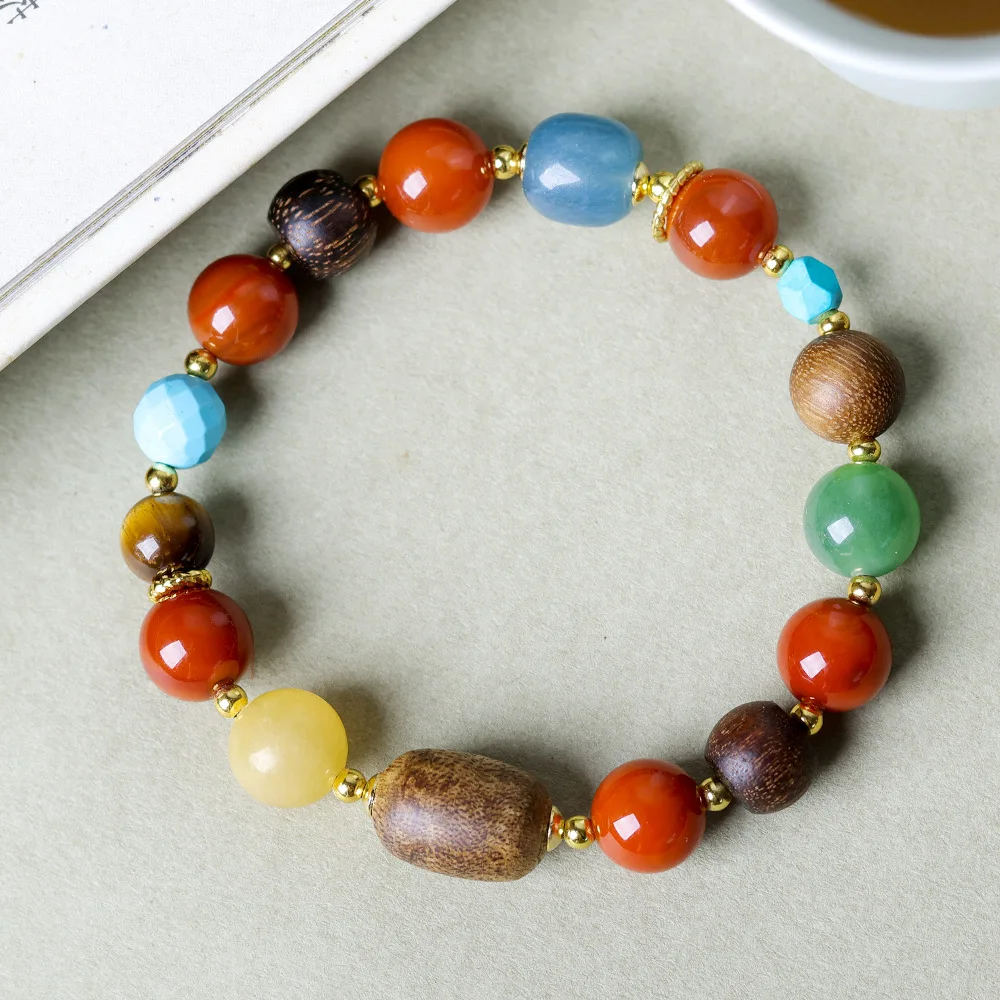 Nanhong Agate Tiger Eye Stone Duo Bao Bracelet Original Cultural and Creative Wooden Belt Treasure New Chinese Womens Handstring