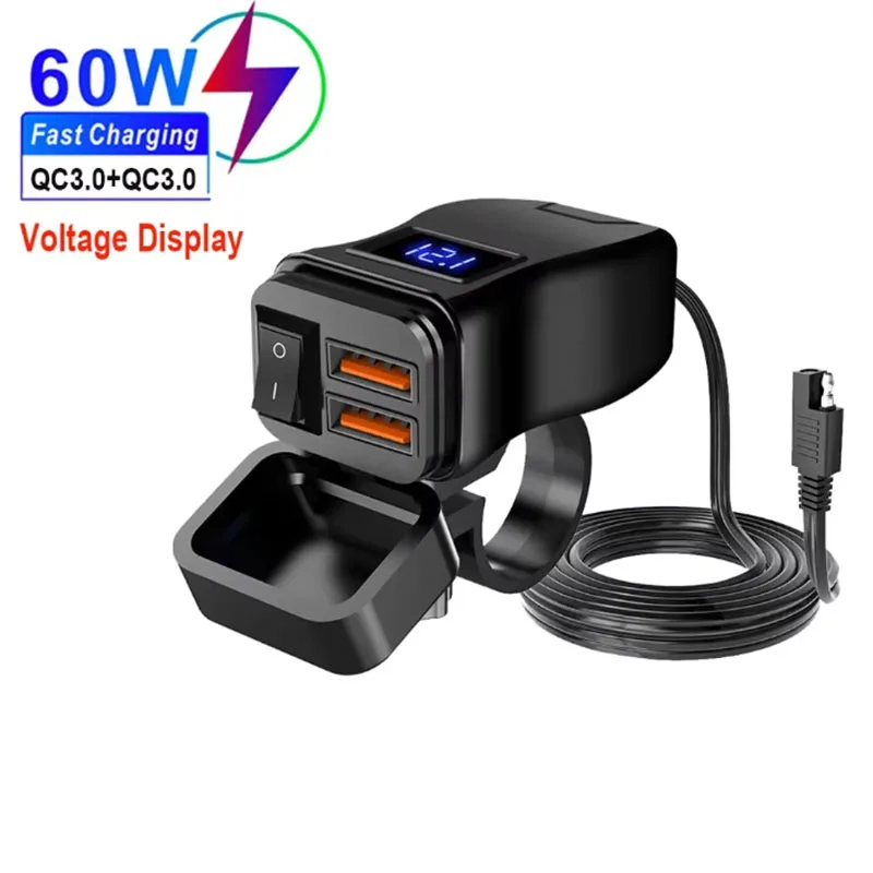 PD QC3.0 Motorfiets USB Snelle Oplader 60W Stuur Dual USB Socket met Schakelaar Voltmeter Waterdichte 12V Voeding adapter