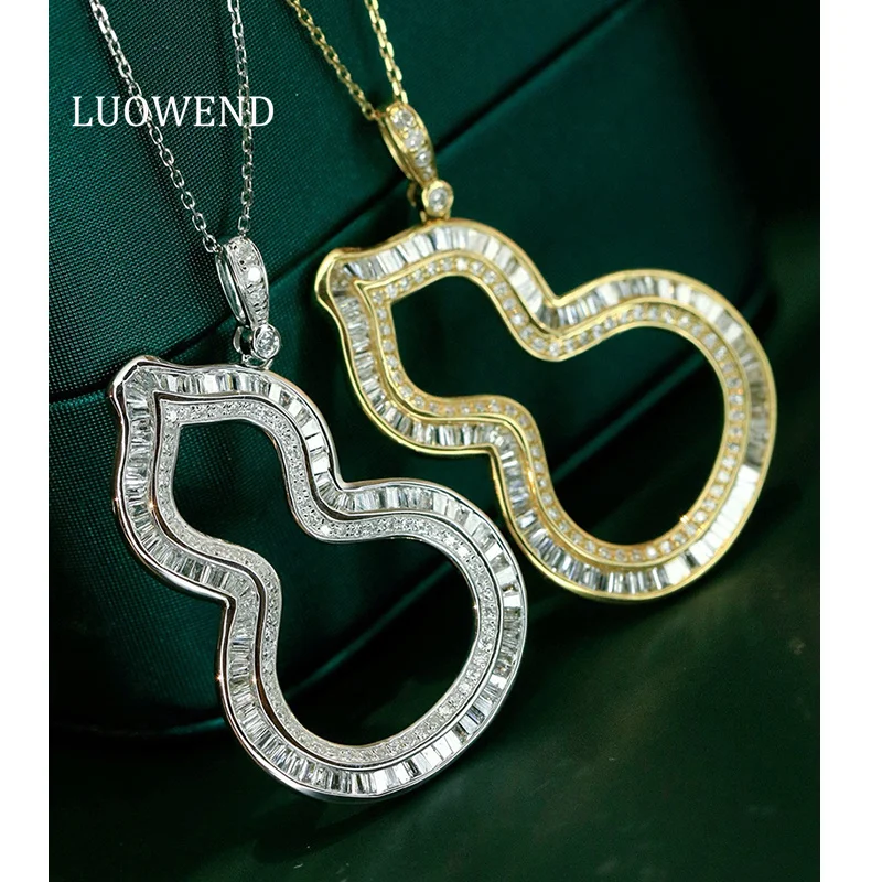 

LUOWEND 100% 18K White/Yellow Gold Necklace Women Luxury Gourd Shape Real Natural Diamond Pendant Necklace High Party Jewelry