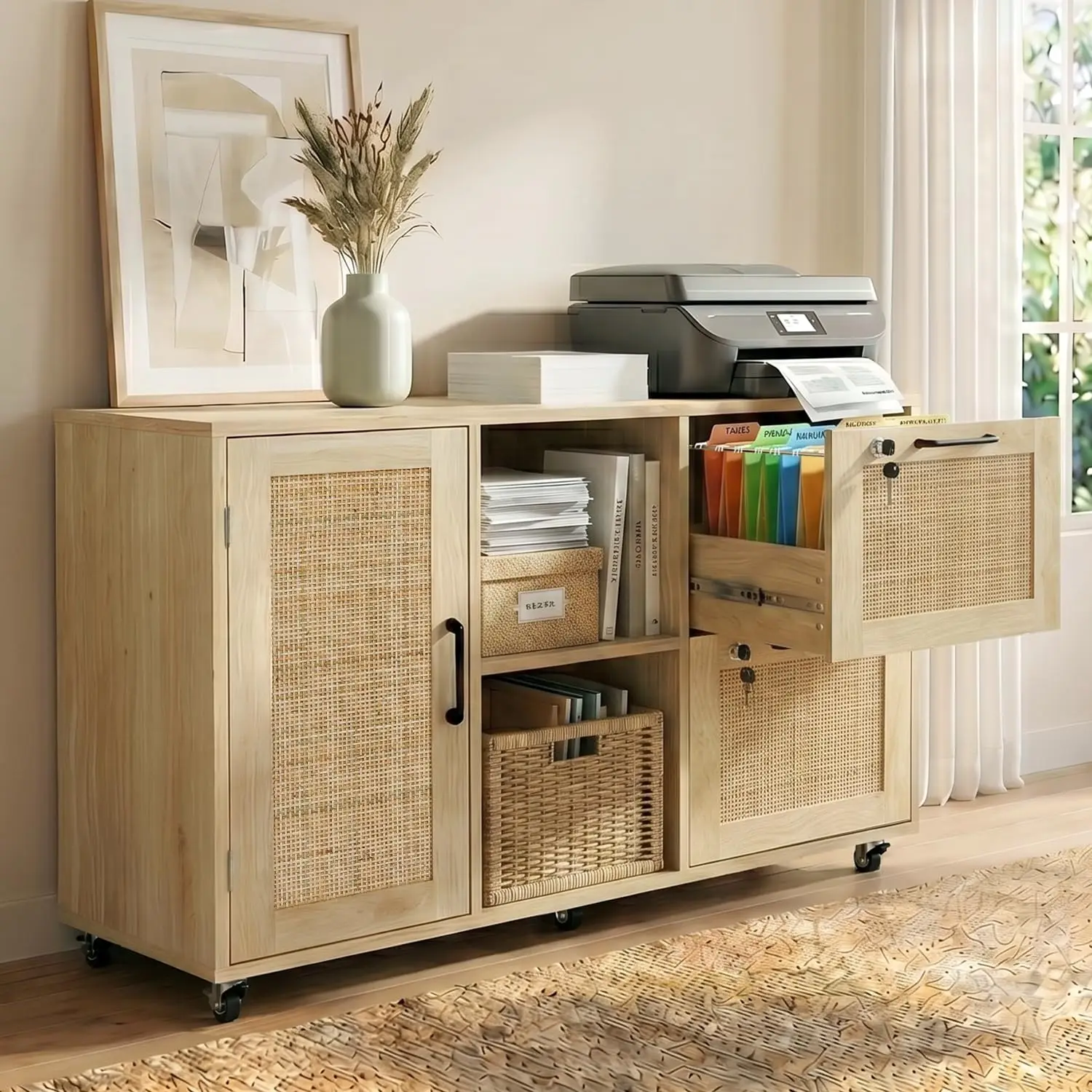 Small Rattan Wood 2 Drawer File Cabinet with Lock Rolling Under Desk Office Storage, Customized