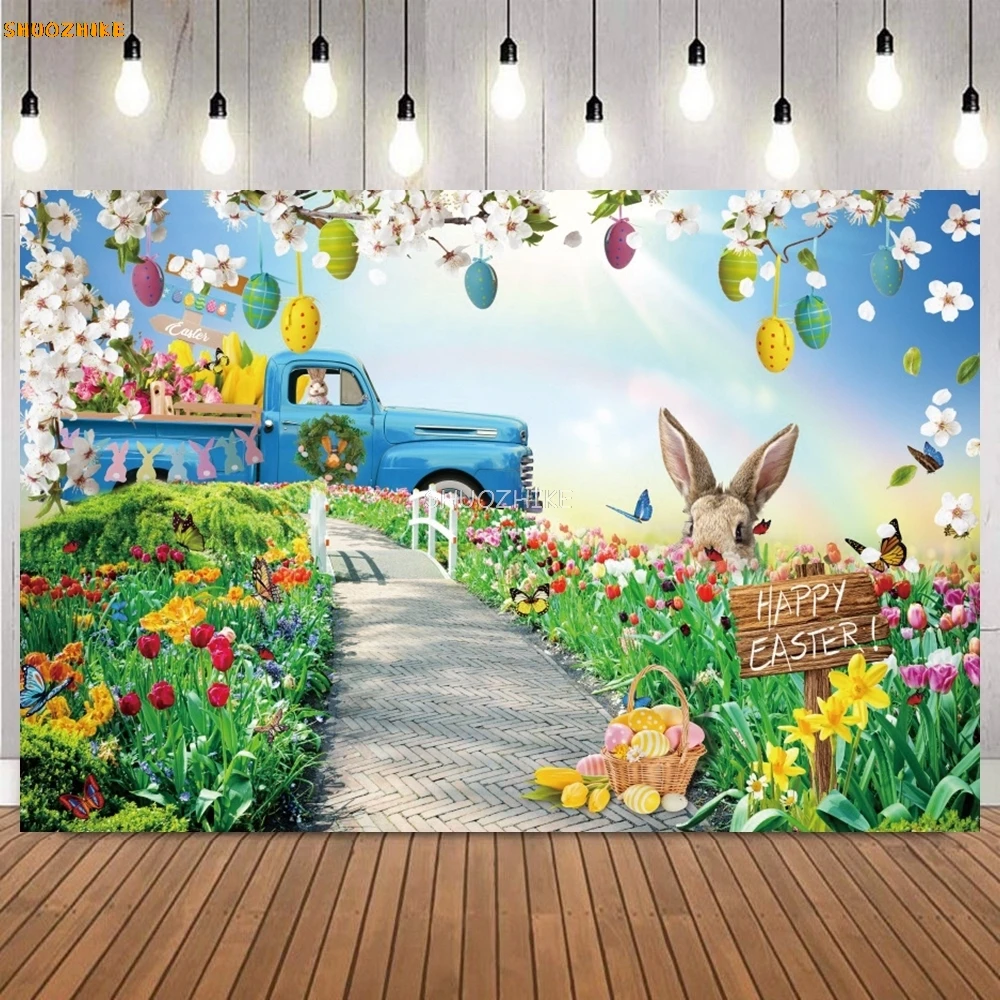 Frohe Ostern Hintergrund Fotografie Innen Ziegel Wand Holztür Blume Kaninchen Eier Kinder Party Dekor Baby Portrait Hintergrund