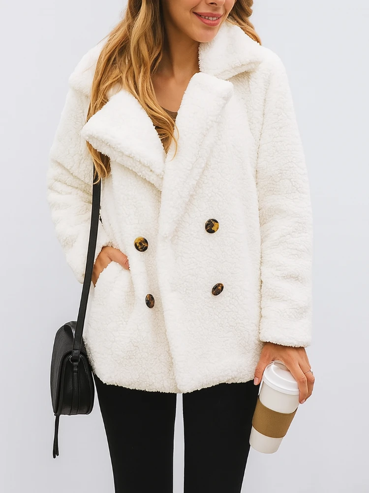 Women's Winter Sherpa Fleece Teddy Coat – Cozy Double-Breasted Lapel Jacket, Warm and Stylish Outerwear for Cold Weather