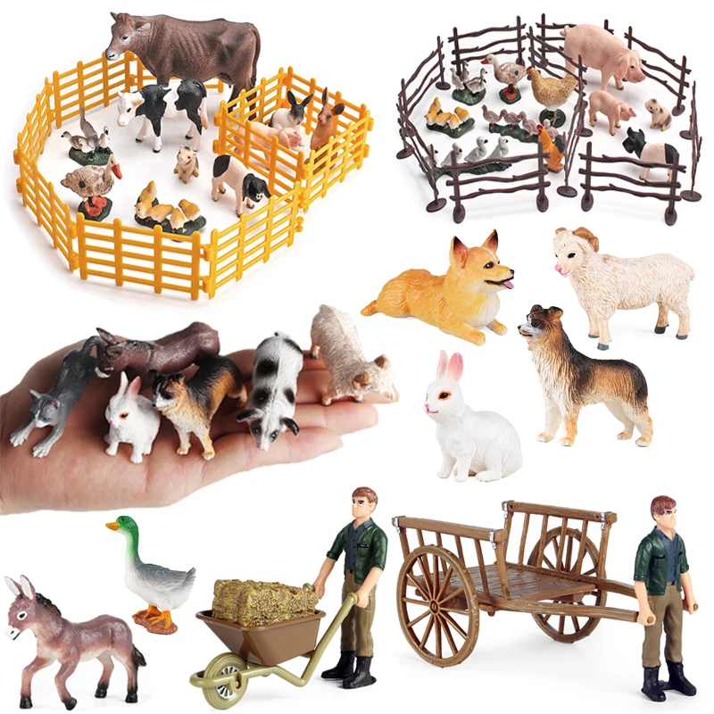 Simulation Pasture Animal Model Fence Poultry Figurine Cat Bunny Dog Donkey Chickens Miniature Action Figure Collection Kid Toys