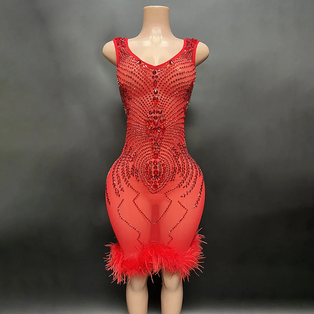 Customized New Feather Mesh lace Transparent High Elastic Short Sleeve Pearl Sexy Tight Party Dress  Stage Performance Dress