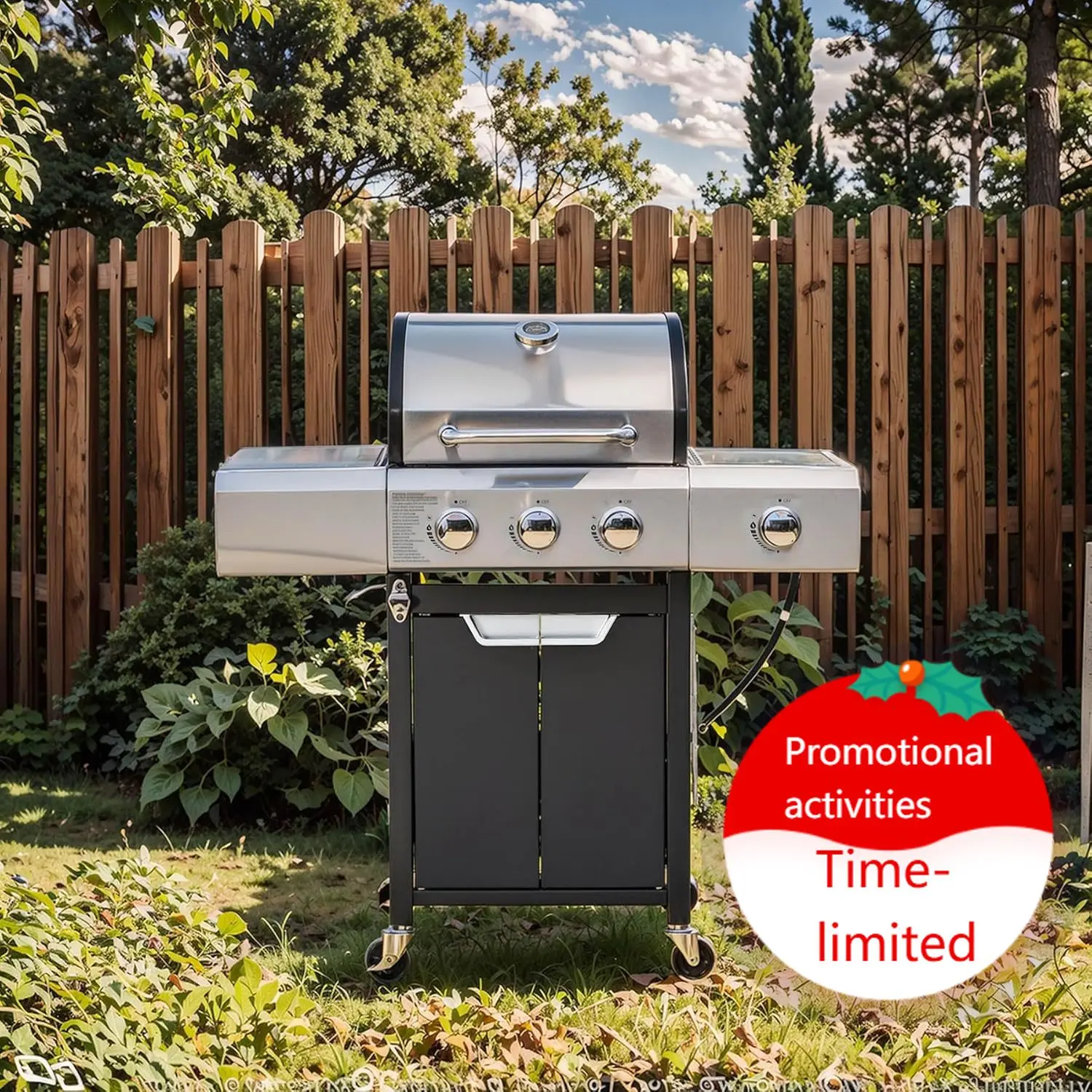 

3-Burner Propane Gas Grill with Side Burner, 40,500 BTU Stainless Steel BBQ Grill for Outdoor Cooking, Barbecue Grill with Cabin