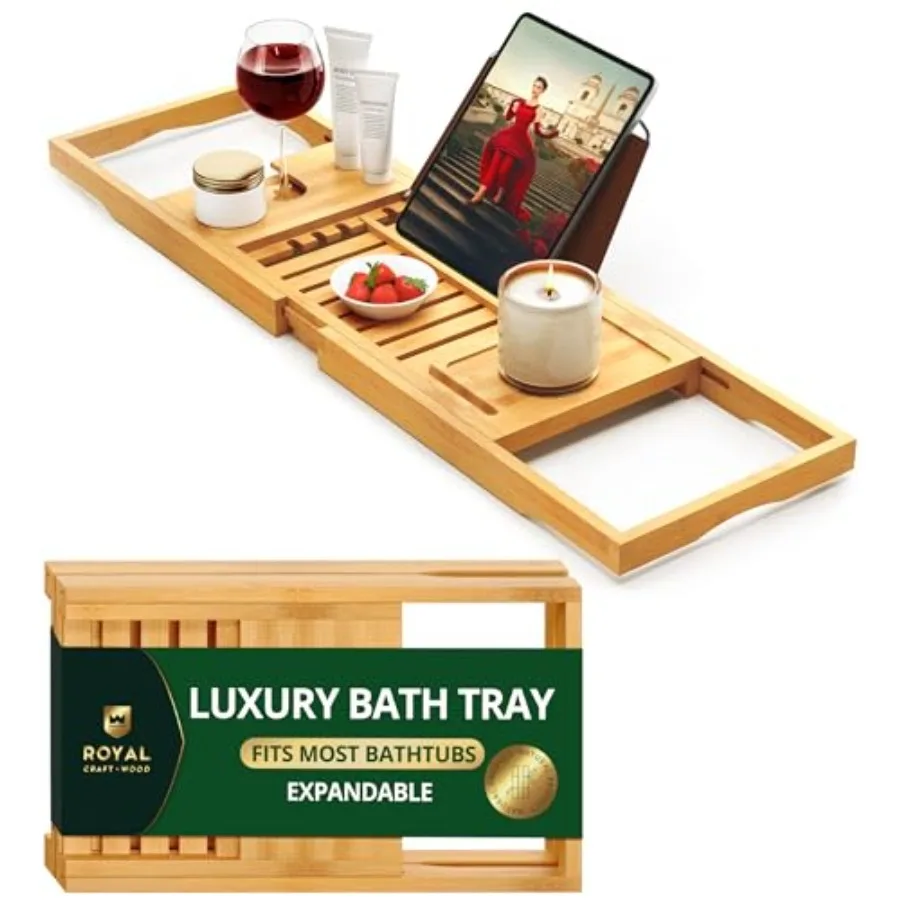 

Premium Foldable Bathtub Tray Caddy - Wood Bath Tray for Tub Bamboo Shelf Expandable Bath Table Trays Bathtub Bathroom Accessor