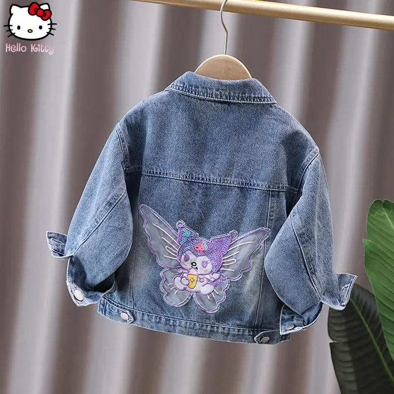 

Новая модная джинсовая куртка Hello Kitty для девочек, весенне-осеннее повседневное пальто в стиле Kawaii, детская аниме-одежда Kuromi