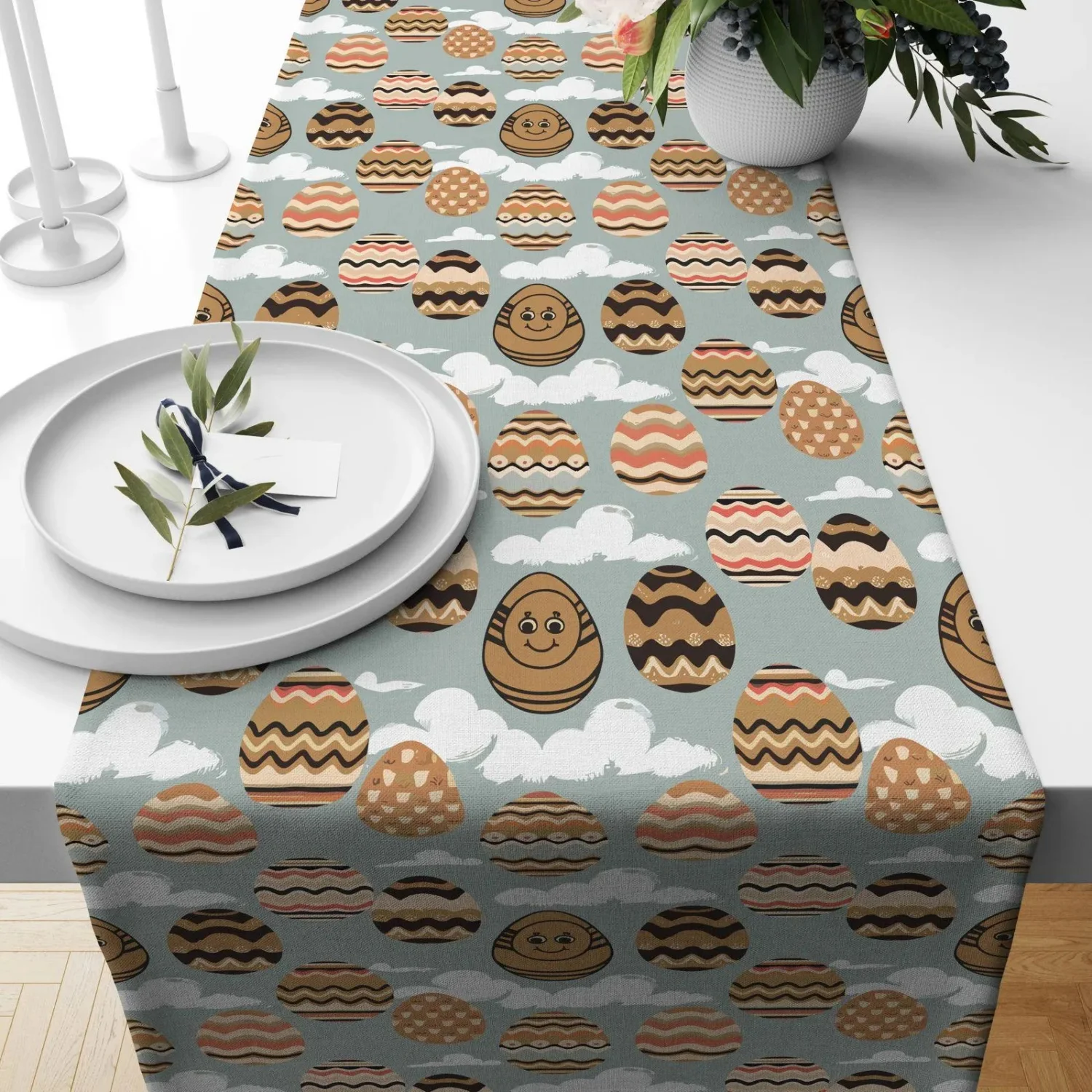 Cute Easter Bunny Table Runner, Pastel Spring Decor, Happy Egg Print, Whimsical Holiday Dining, Festive Kitchen Linen