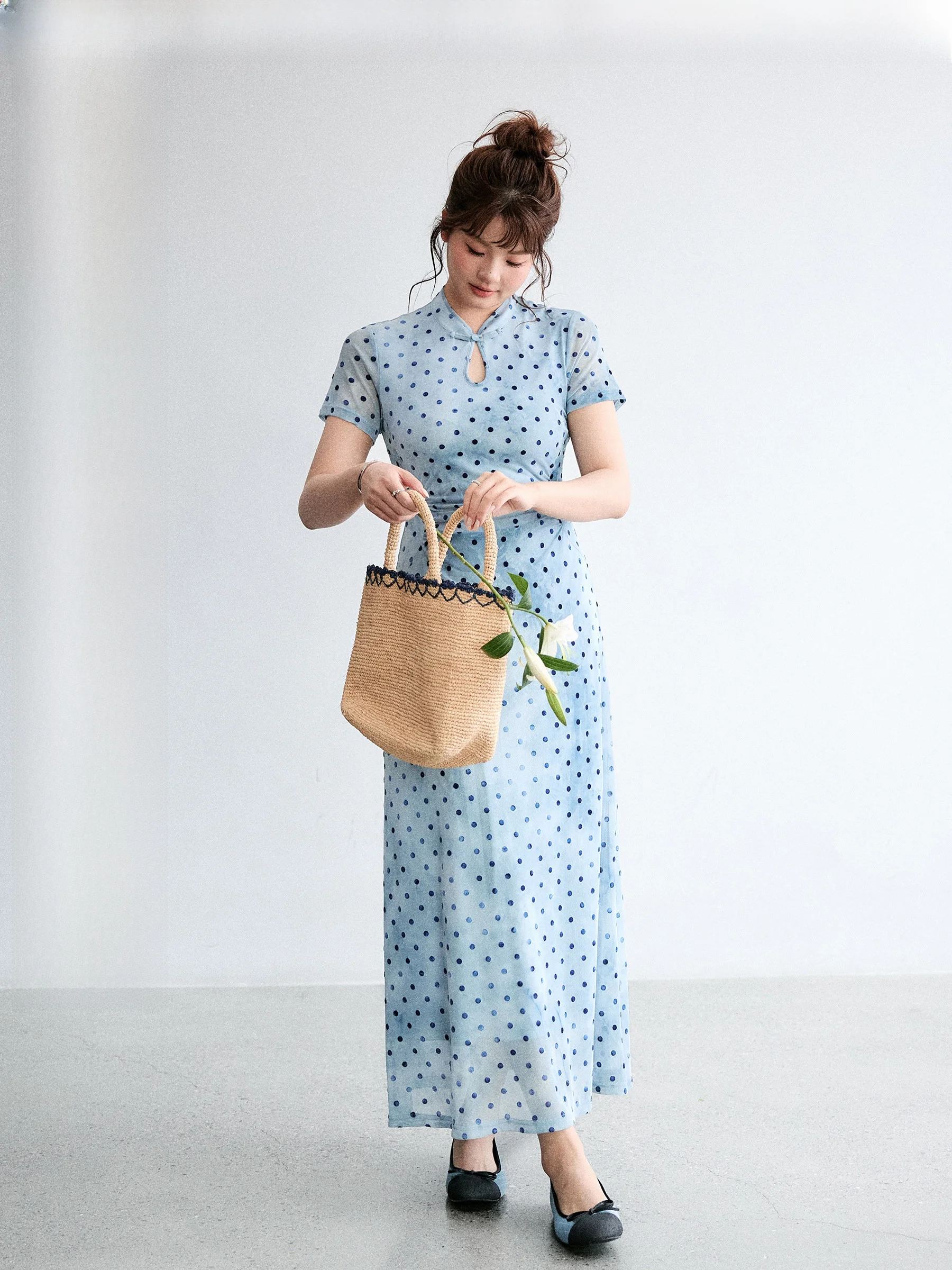 

Blue Flower Large Size Dress Zhan Dyeing Polka Dot Style Long Skirt for Plump Women New Chinese Style Body Shaping