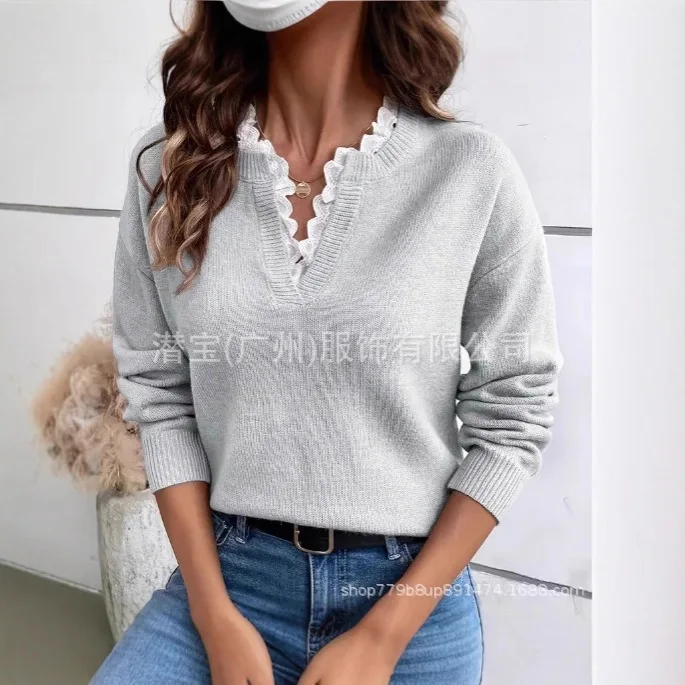 

Новый женский свитер, кружевной свитер с v-образным вырезом и заниженными плечами, модный пуловер, повседневный топ, простые базовые вязаные джемперы для женщин