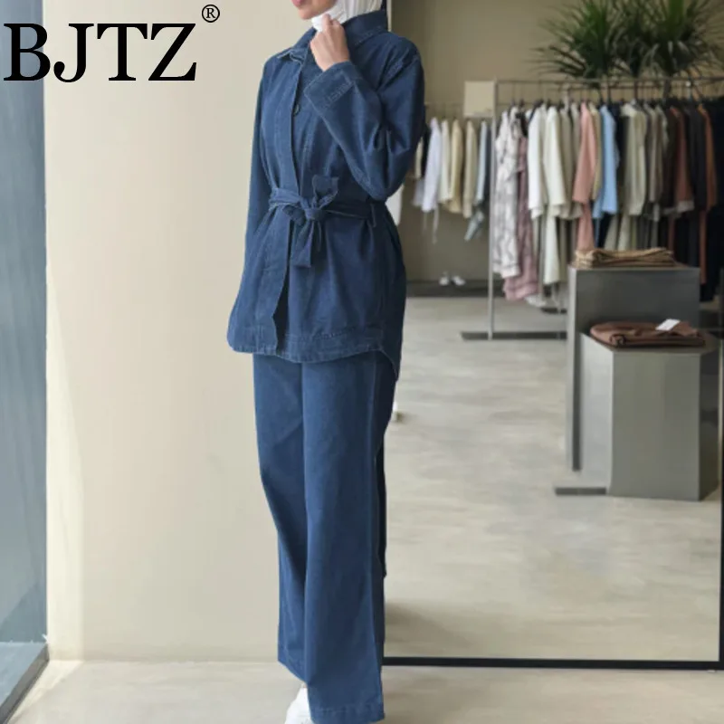 BJTZ 25 Trending Denim Co-Ord Set Damen Korsett Gürtel Top Weite Hose 2-teiliges Outfit 90er Retro Vintage Arbeitskleidung
