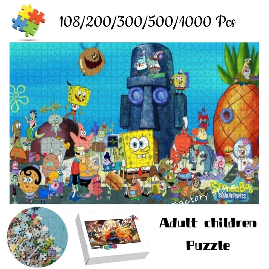 สปอนจ์บ็อบ สแควร์แพนท์สปริ้นท์จิ๊กซอว์ปริศนากระดาษแข็ง/ไม้ 108/200/300/500/1000 ชิ้นปริศนาสำหรับผู้ใหญ่เด็กของขวัญของเล่นเกมครอบครัว