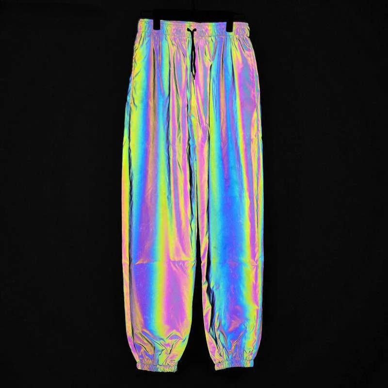 Colorful Rainbow Reflective Pants Men Hip Hop Dance Fluorescent Trousers Mens Casual Harajuku Night Sporting Jogger Pants Male