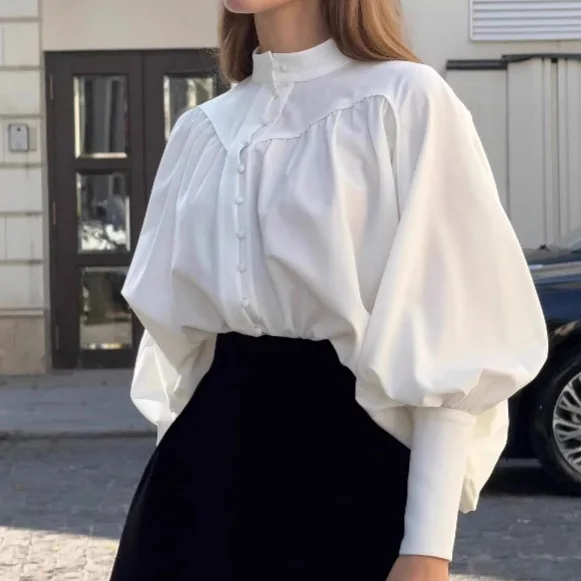 

Spring Elegant Stand Neck Lantern Sleeve Blouses for Women White Vintage Single Breasted Shirt Office Lady Commuting Tops