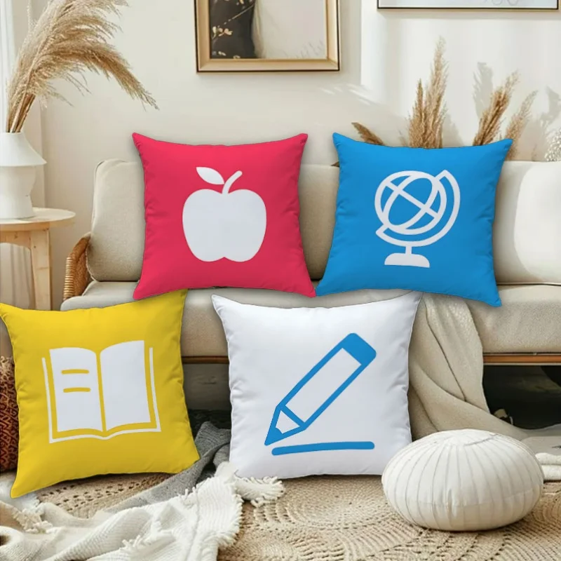 School Icon Pillow Covers, Apple Globe Book Pencil Throw Pillow Cases, Playful Classroom Home Decor for Sofa Bed, No Insert