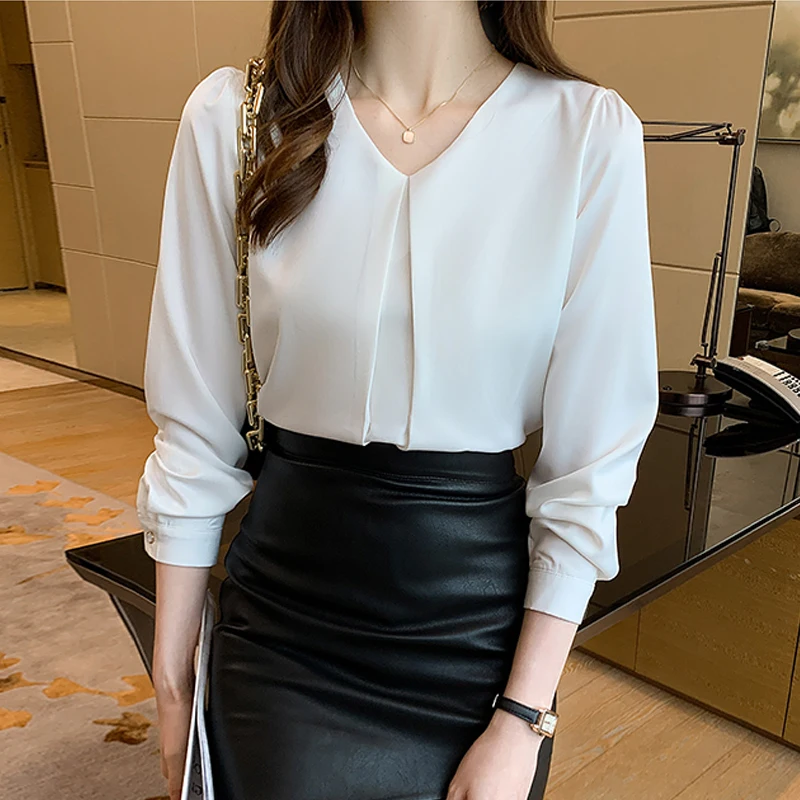 New Fashion Long Sleeve Women Blouse Blusas Mujer De Moda 2024 V-Neck White Chiffon Blouse Shirt Women Tops Blouses Shirts G175