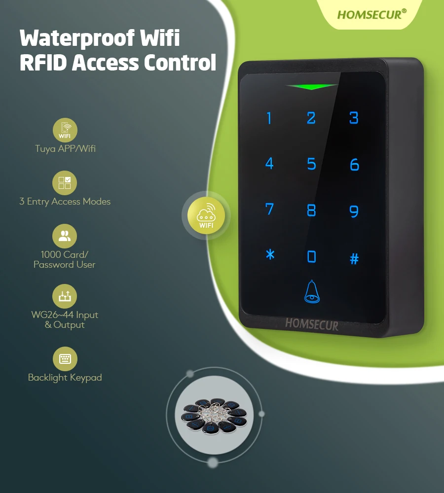 CH1-WIFI-EM WiFi RFID Access Control System IP66 Waterproof Anti-Vandal Keyfob Keyless Entry Reader for Home Office Security