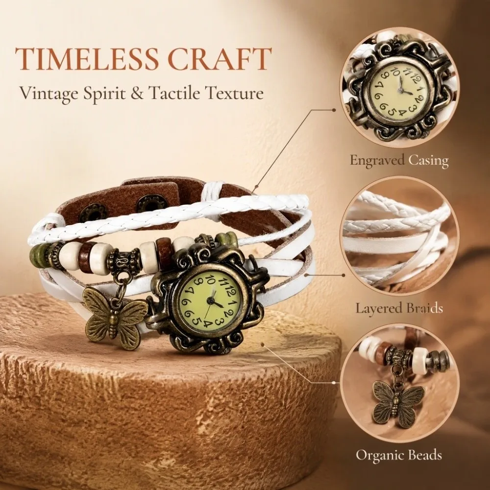 Vintage Bracelet Watch PU Leather Quartz Movement Wrap Bracelet Watch Butterfly Charm Leather Wrapped Quartz Watch Gift