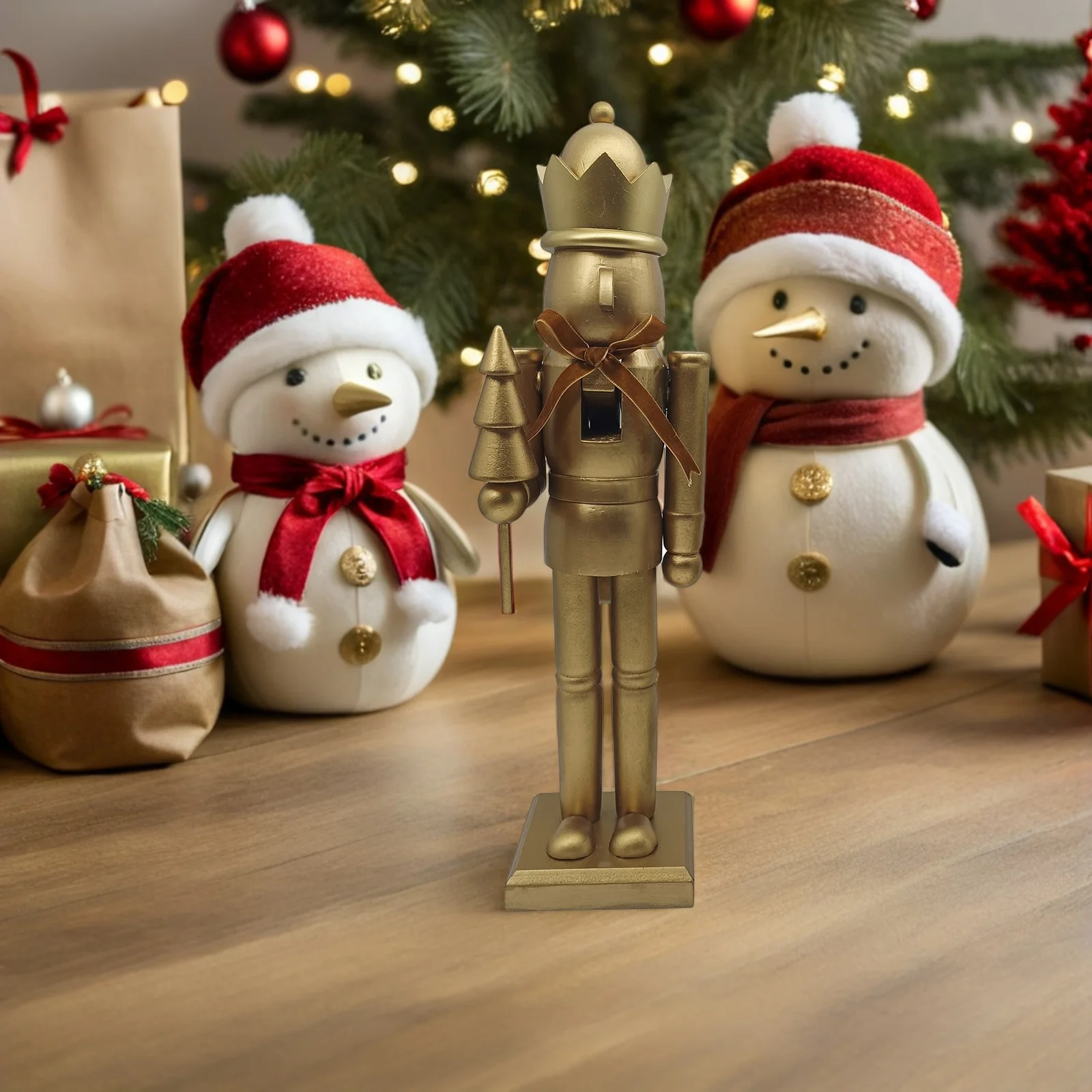 

38Cm Christmas Nutcracker Soldier Golden Bow Wooden Holiday Mantel Shelf Table Decor Xmas Ornament Home Decoration