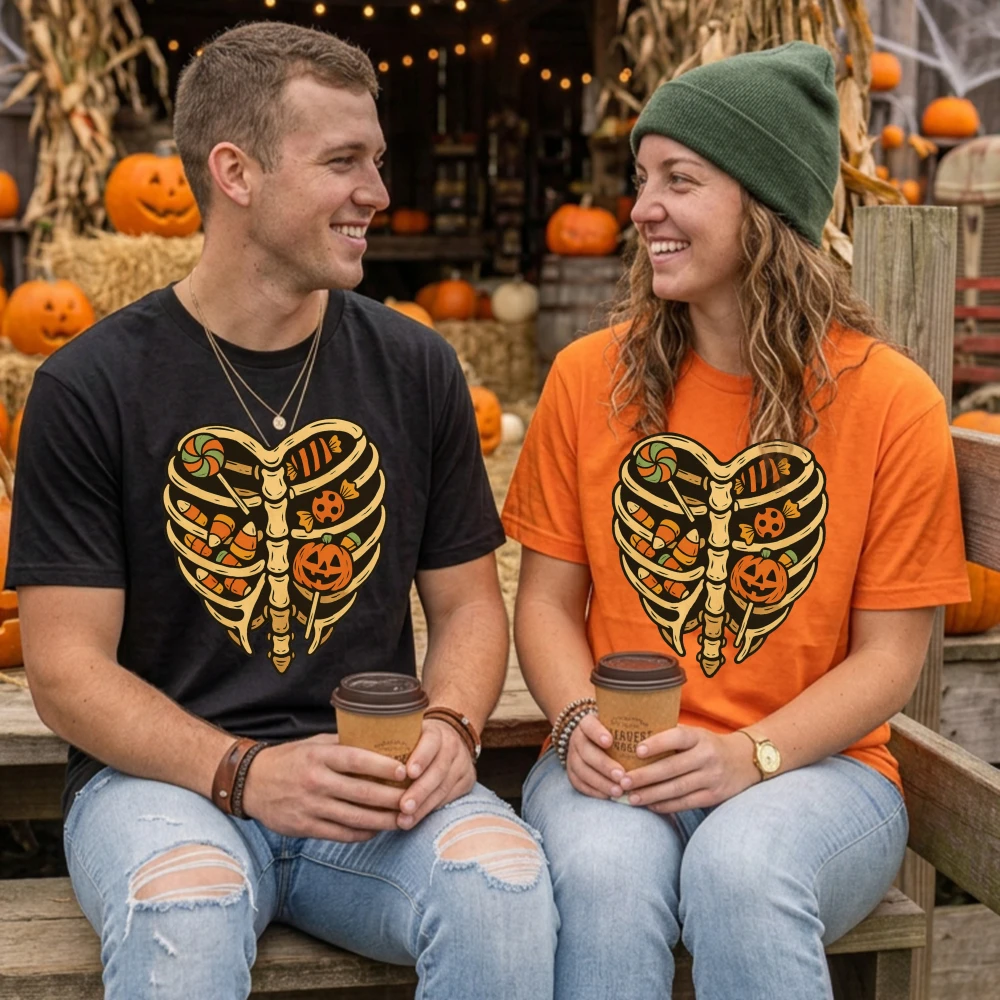 Skeleton Ribcage Candy T Shirt Cotton Unisex Halloween Candy Corn Pumpkin Graphic Tee Funny Spooky Short Sleeve Casual Top Gifts