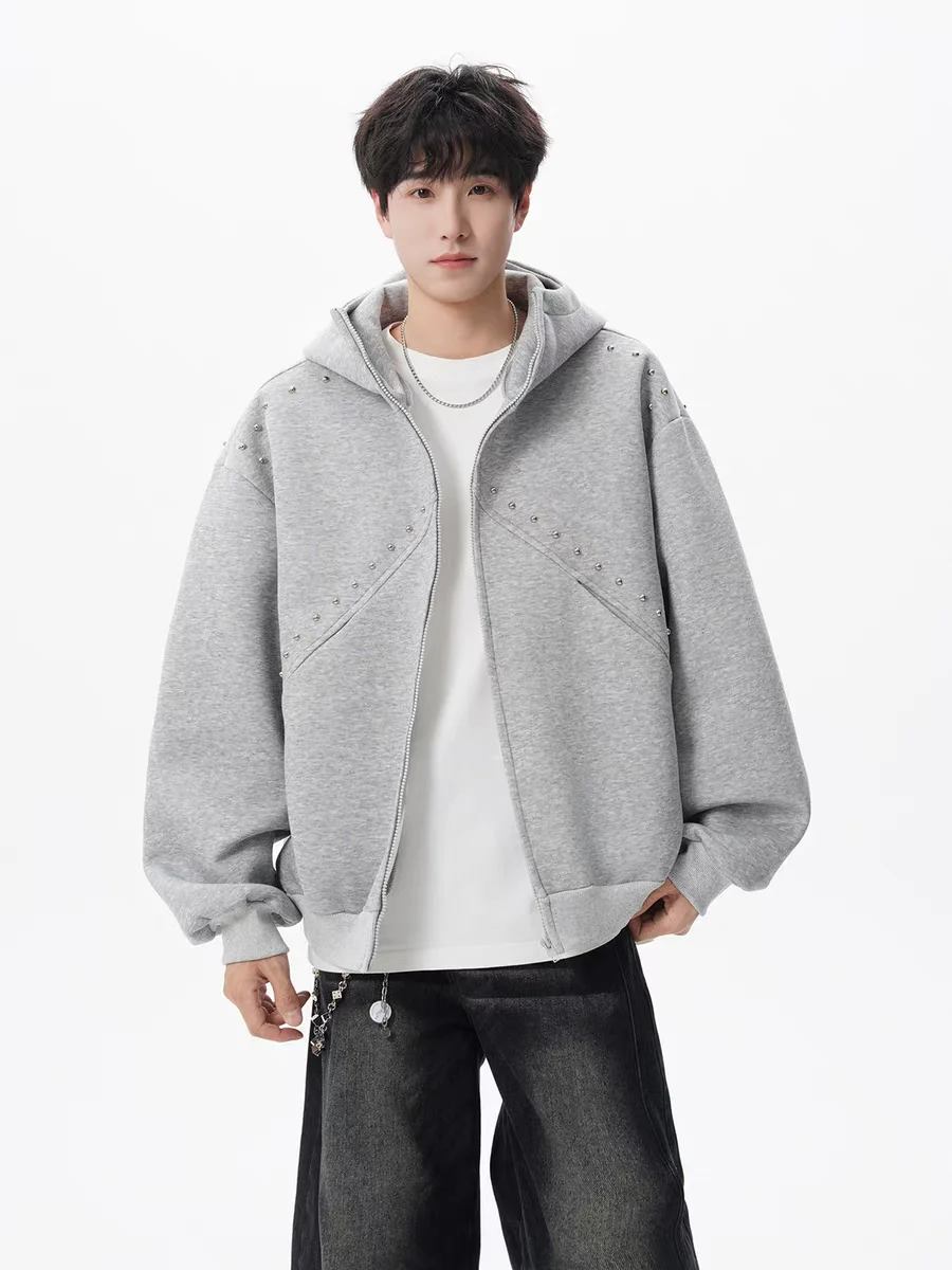 American Retro High Street Hooded Sweatshirt with Rivet Design, Stylish Men's High-end Autumn Trendy Cool Jacket