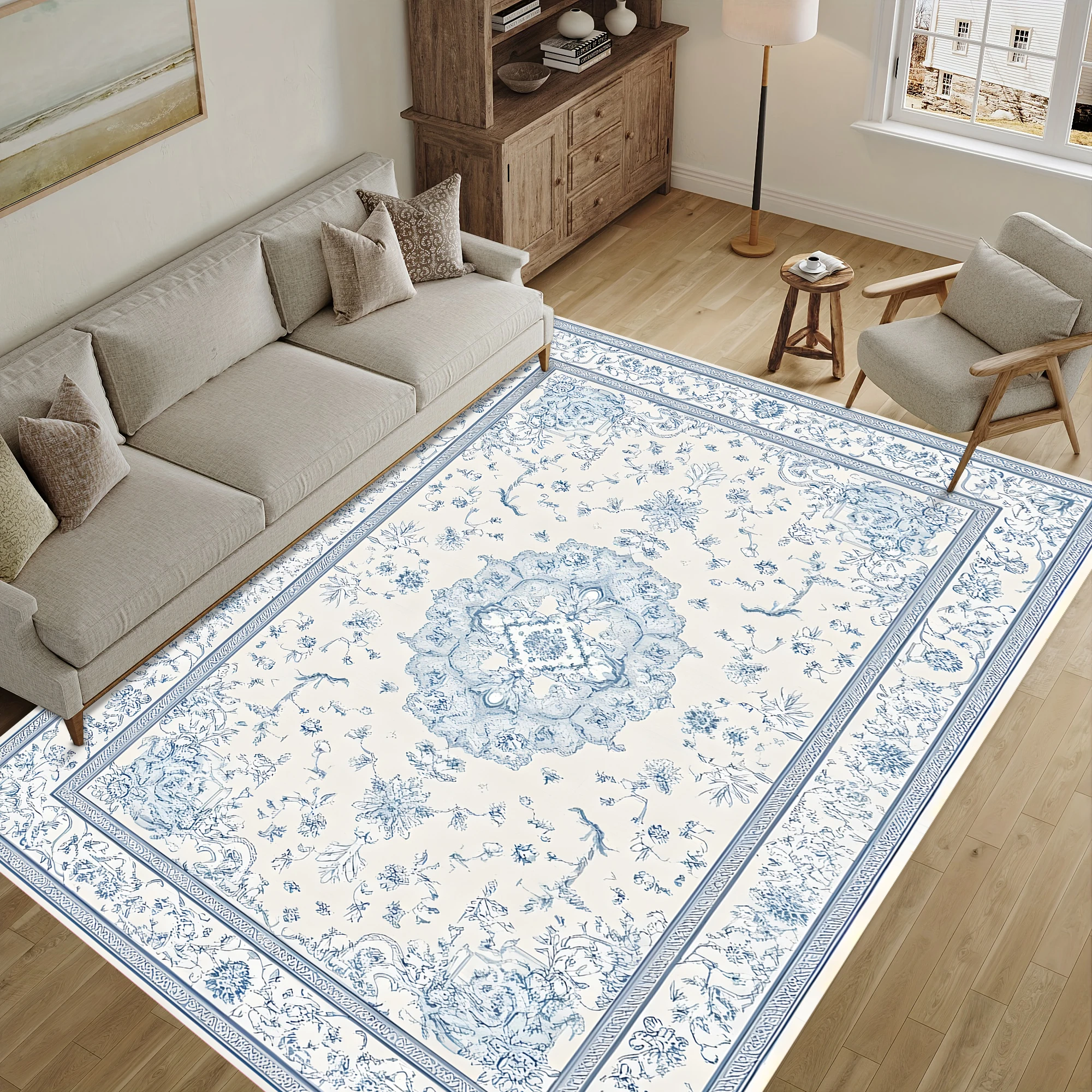 Off White Light Blue European Retro Velvet Area Rug, French Light Luxury for Living Room Bedroom, Autumn Winter