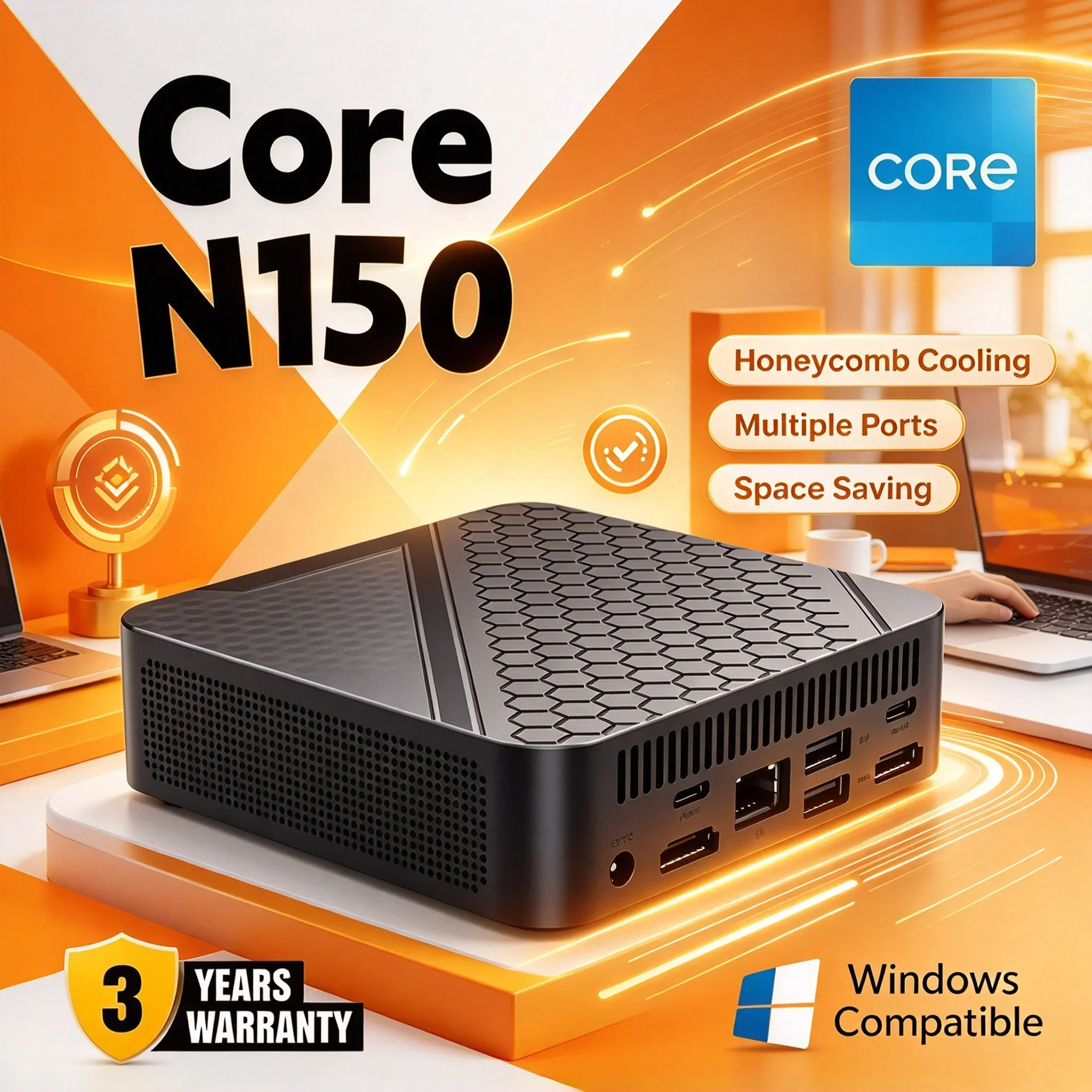 Mini PC para estudo em casa ou escritório, com processador Intel N150, 16 GB de RAM, SSD NVMe de 1 TB, suporte para três monitores 4K, WiFi6, BT5.2, design compacto e silencioso, sem ventoinha.