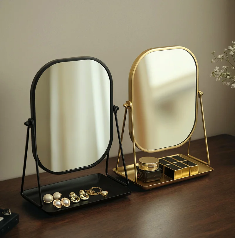 Metal Makeup Mirror with Storage Shelf - HD Desktop Vanity Mirror with Organizer Tray for Cosmetics & Jewelry