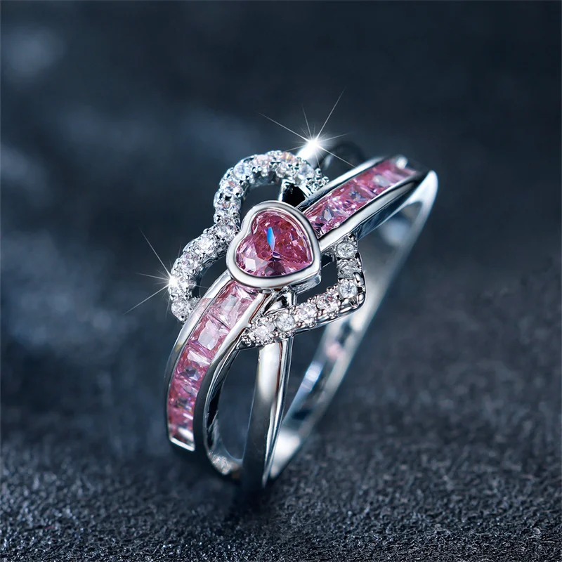 Cute Female Pink Zircon Stone Ring Trendy Silver Color Heart Engagement Wedding Jewelry Gift