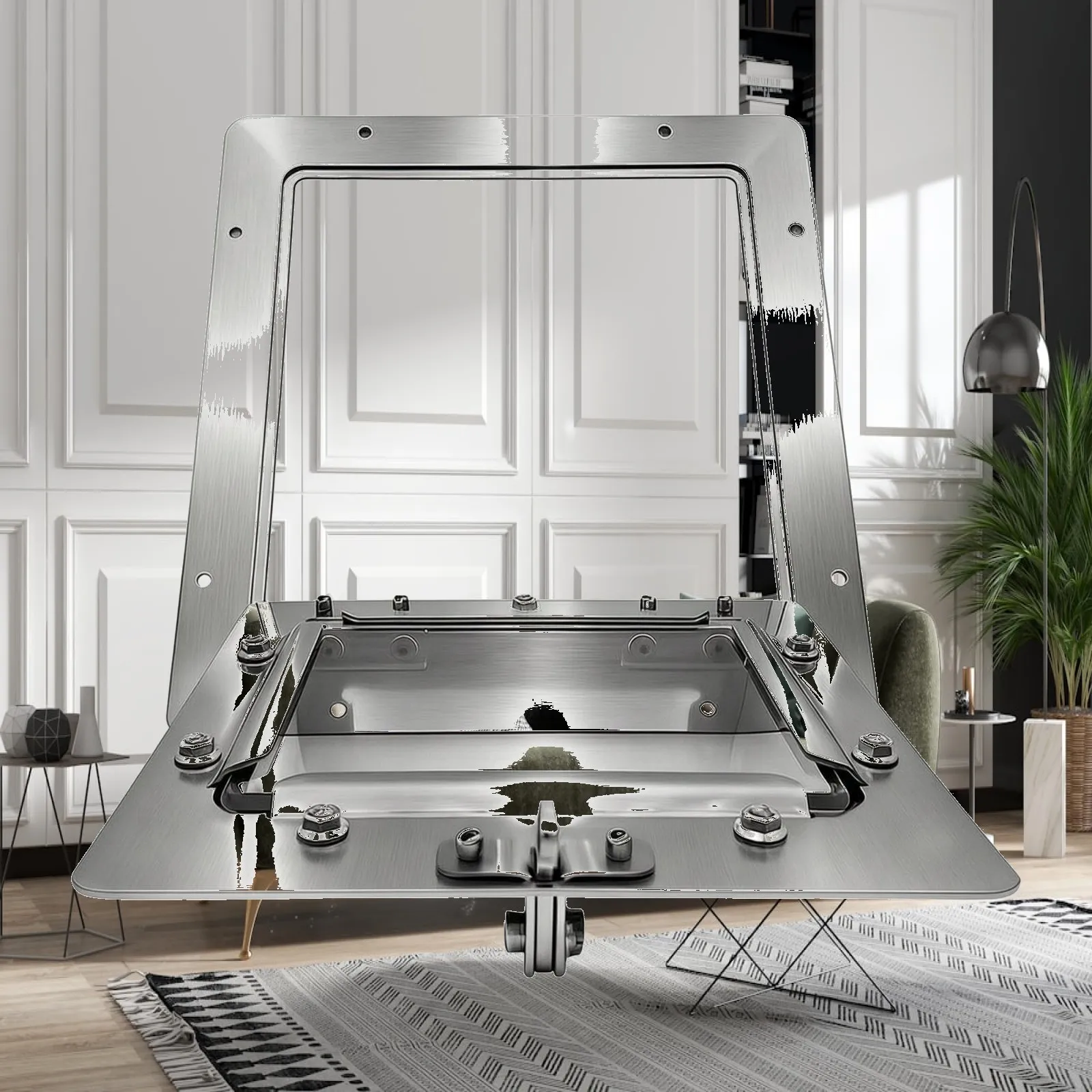 Brushed Inox Stove Door with Hinged Access Panel Rectangular Firebox Hardware with Flat Mounting Flange for Home Heating