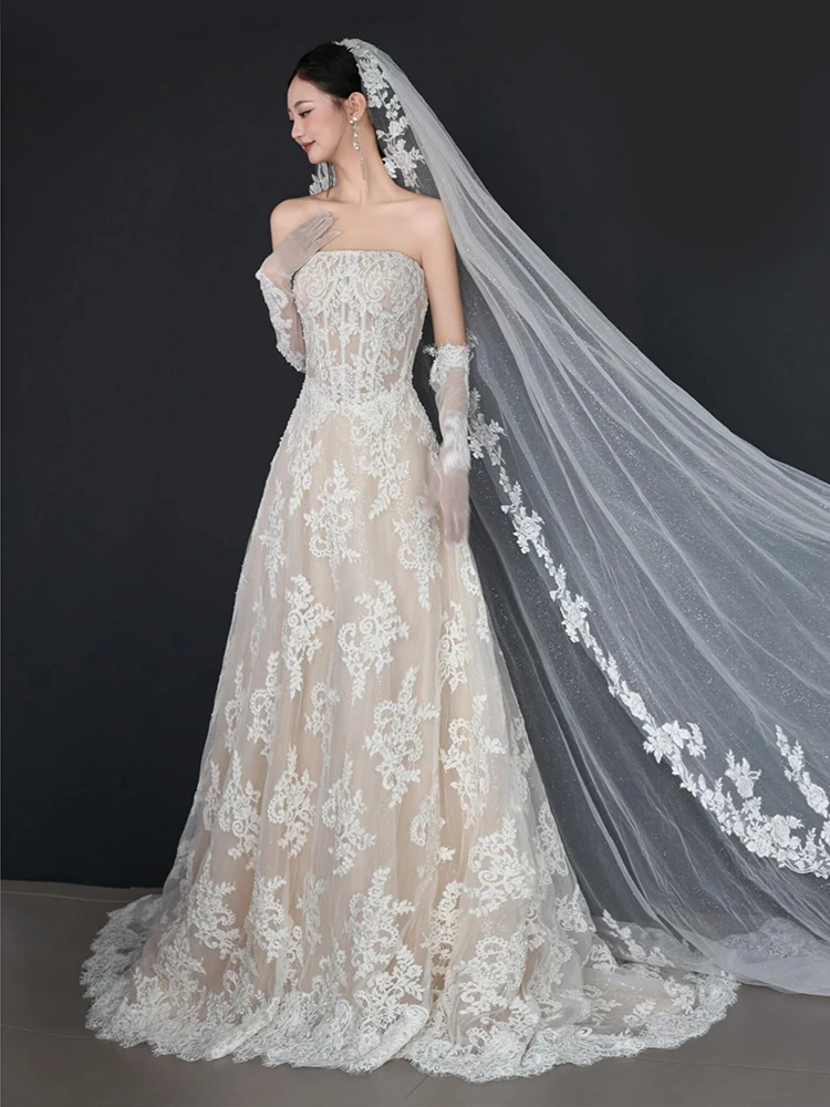 

Винтажное кружевное свадебное платье с шлейфом, без бретелек, в пол, для церемоний, для невест