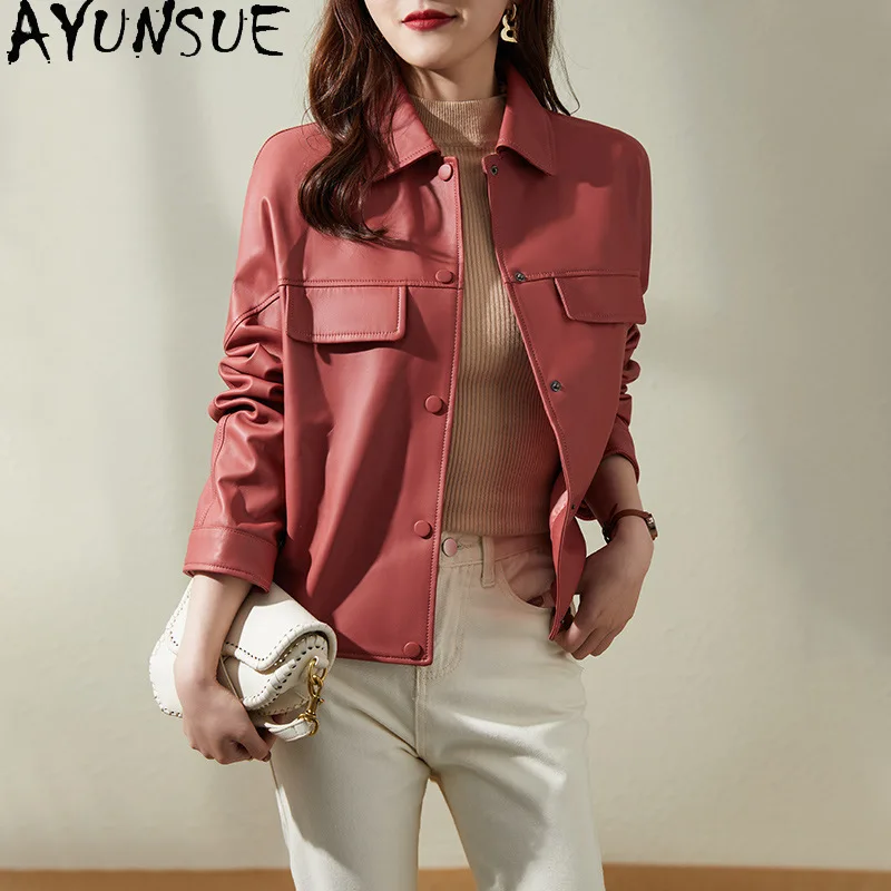 AYUNSUE Real Leather Jackets for Woman Solid Short Motorcycle Style Outerwears Woman Sheepskin Coats Woman Clothes Spring Autumn