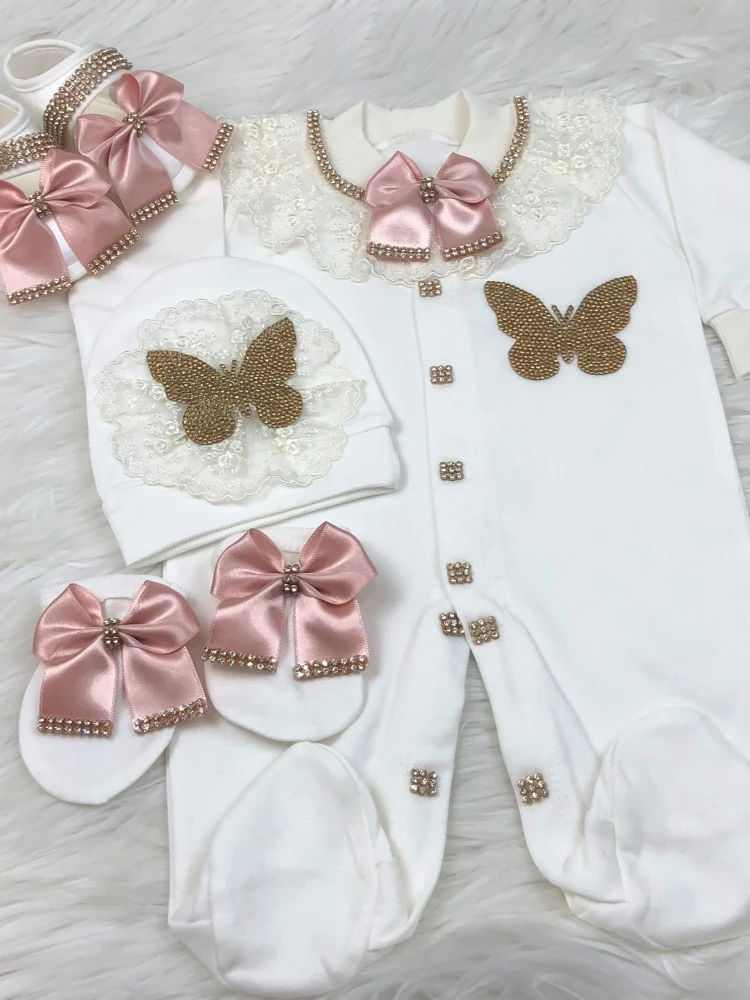 Rhinestone Butterfly Lace Bow Baby Footed Jumpsuit Newborn 0-9 Months 4Pcs White Pink Princess Romper Boutique Baby Gift