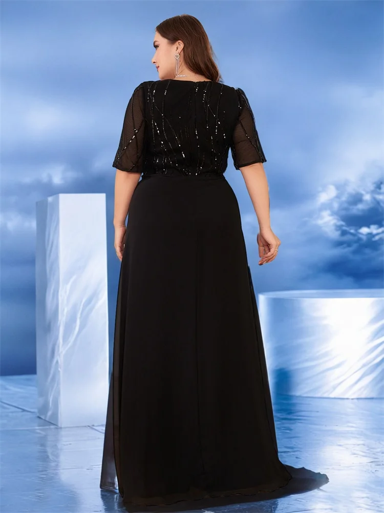 Lucyinlove Plus Size Elegant Short Sleeves Sequin Formal Evening Dress Women Chiffon Black Mermaid Bridesmaid Party Maxi Prom