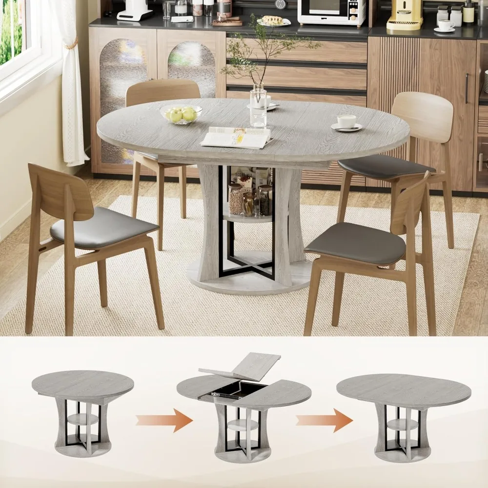 adjustable round dining table for 4-8, kitchen table with expandable storage, space-saving circular table