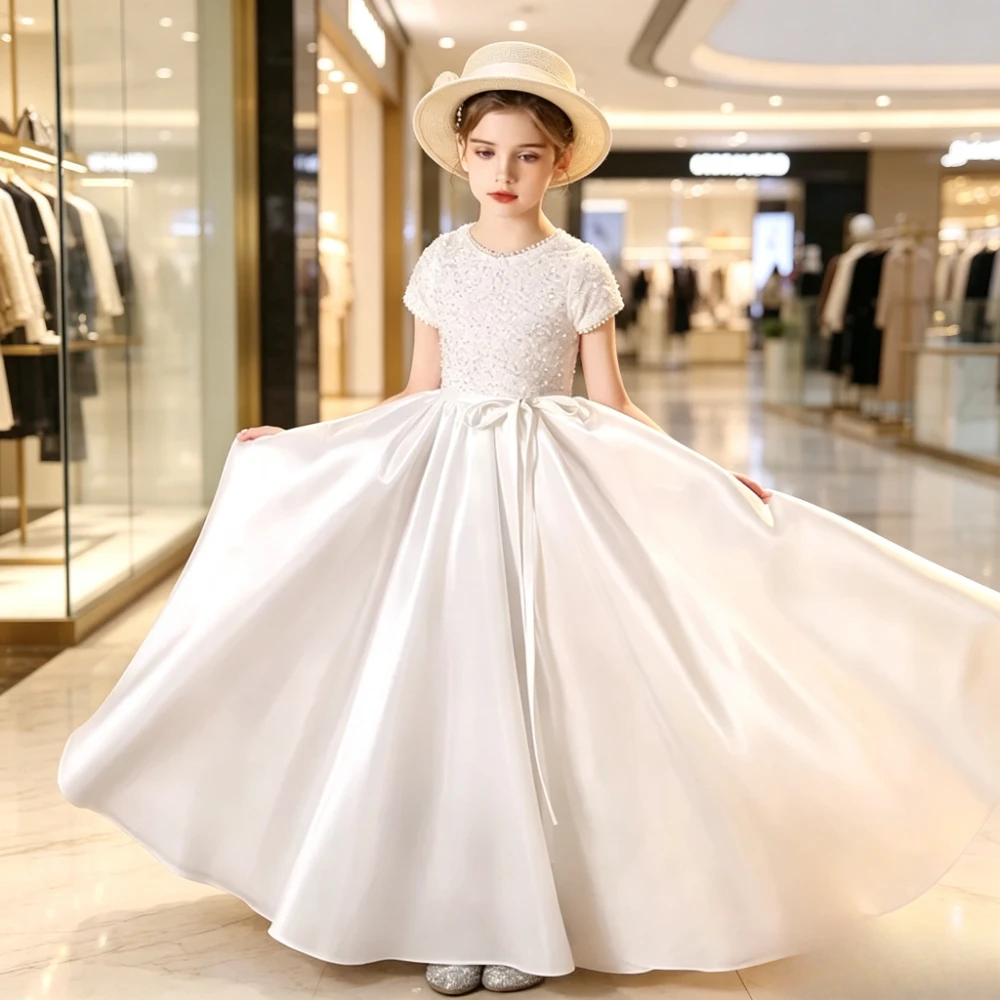 White Kids Formal Princess Gown Korean Style Sweet Little Children Host Piano Flower Girl Evening Dress Performance Birthday