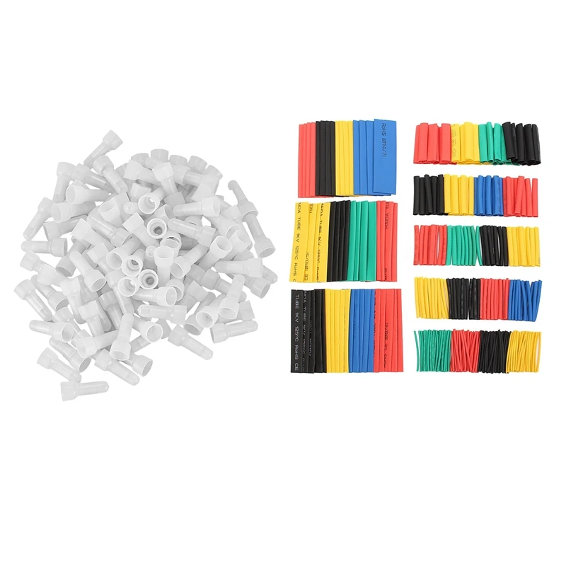 100Pcs 22-16 Ga Awg Closed End Wire Connectors Terminals & 328Pcs Car Electrical Cable Heat Shrink Tube Tubing Wrap