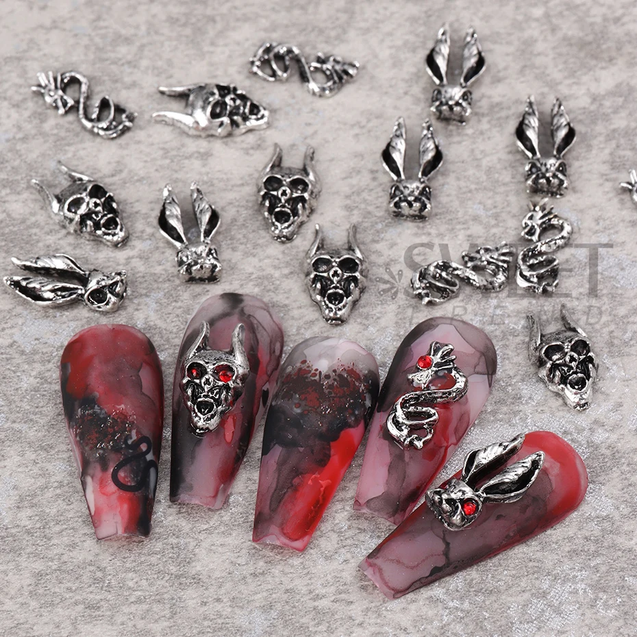 Metallic Zilveren Halloween Nagel Bedels 3d Vlinder Bunny Skull Hart Drakenslang Japanse Sieraden Nagel Onderdeel Diy Nagel Decoratie