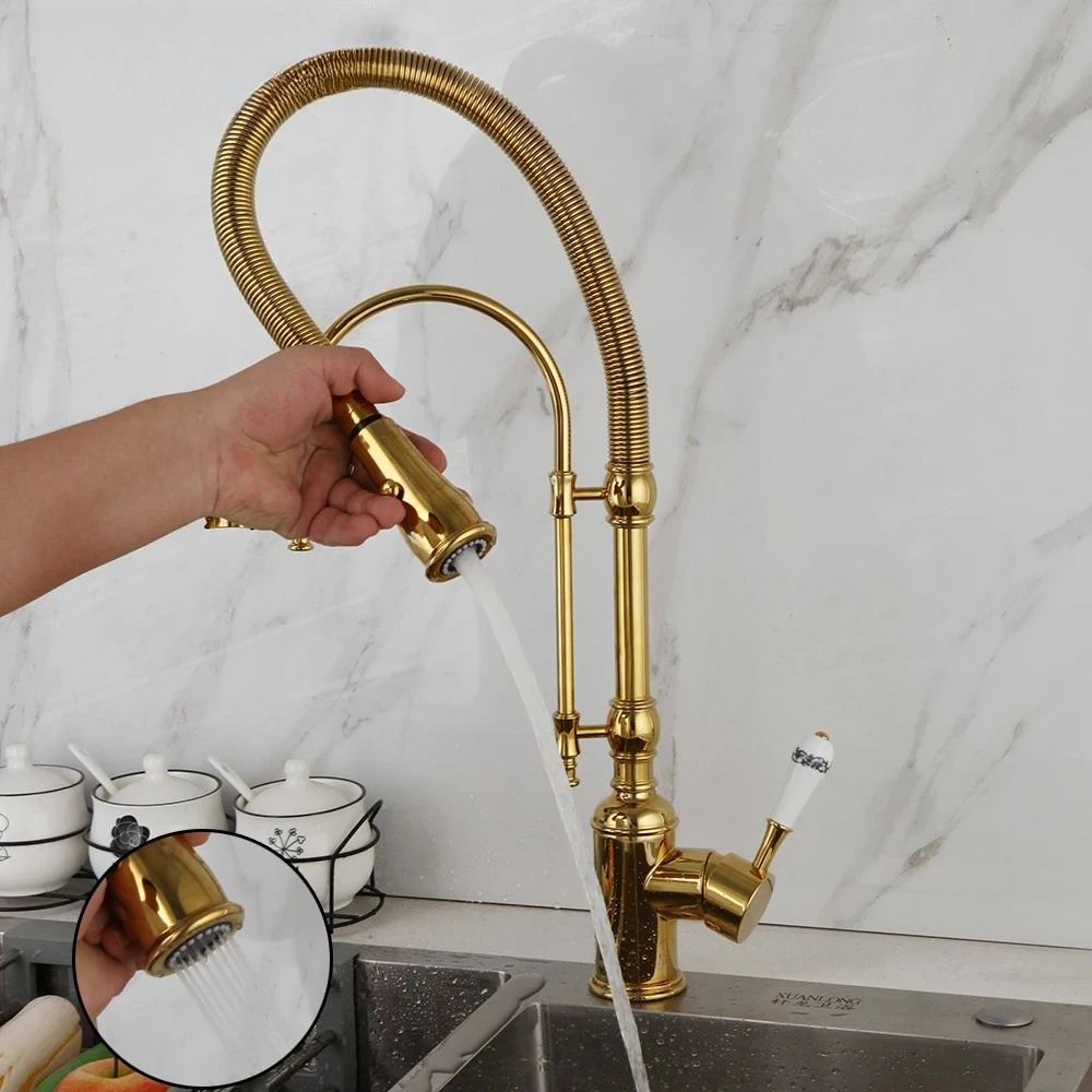 Sink Faucet Hot & Cold Basin Crane Tap with Dual Spout Deck Mounted Mixer Water Tap Torayvino Golden Spring Pull Down Kitchen