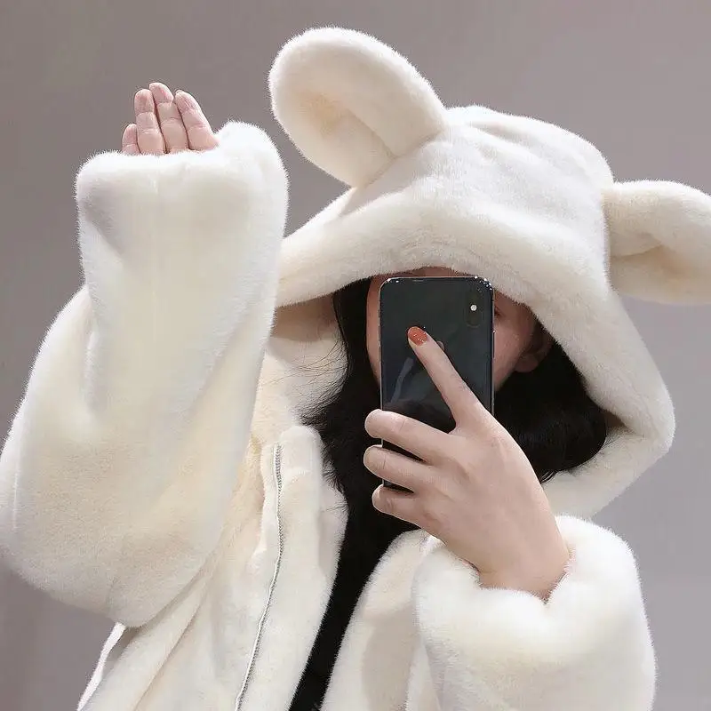 Women Winter Fur Coat New Cute Bear Ears Furry Velvet Padded Jacket Lady Loose Imitation Mink Fur Overcoat A1142