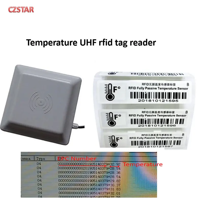 

Czstar Датчик температуры UHF RFID Пассивная наклейка Тег Температура uhf RFID-считыватель 840-960 МГц epc gen2 с демонстрацией температуры