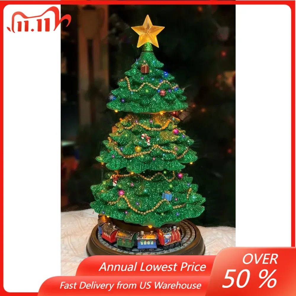 Rotating Trains Tiered Tabletop Christmas Tree,LED Lights and Christmas Music,Power Adapter Included,Home Decorations.