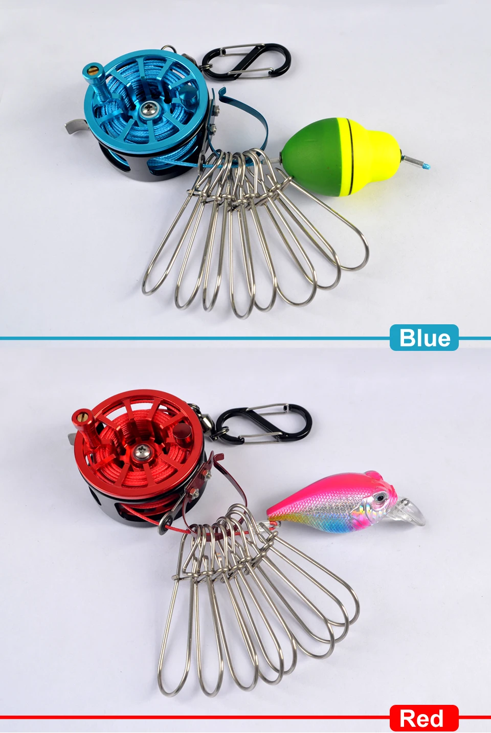 Neuer tragbarer Fischverschluss mit Rollenflosse – Lebendfisch-Stringer-Verschluss aus Edelstahl mit 8 Karabinern für das Meeresangeln – Detail 4