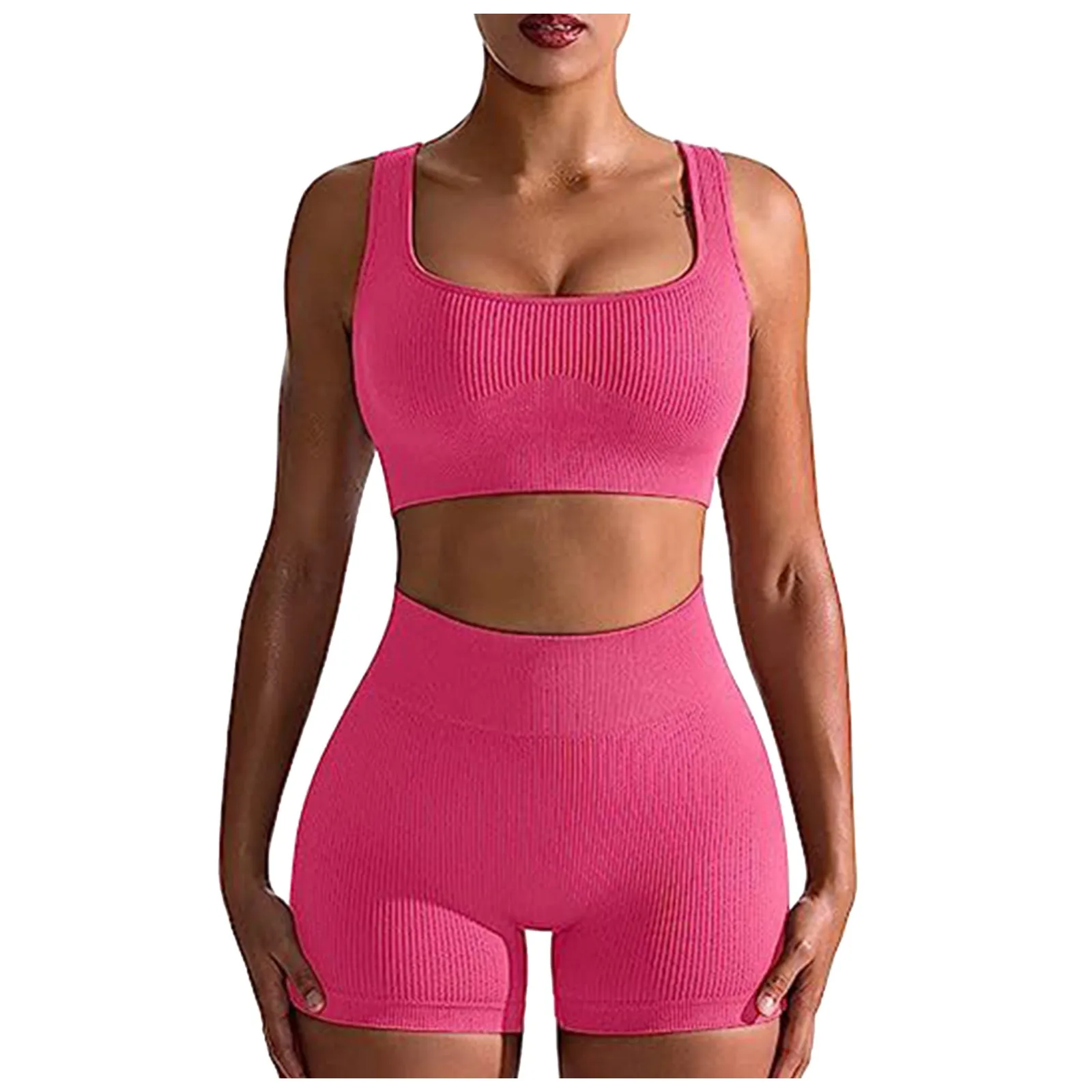 Workout Outfit Sets For Women 2 Piece Seamless Ribbed High Waist Leggings With Sports Bra Crop Full Bottom Swimsuits for Women