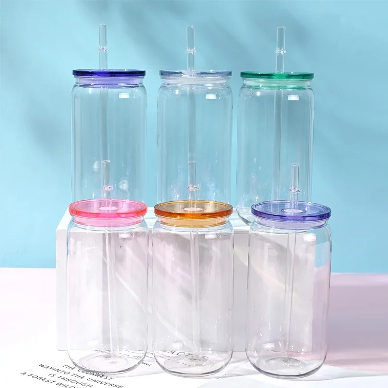

1pc/16oz Transpare Plastic Cup with Leakproof Lids And Straws Replacement Lids for Can Shaped Iced Coffee Cups Cute Tumbler Cup